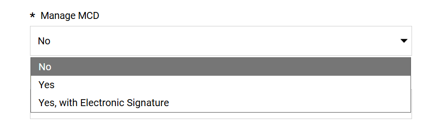 Manage MCD dropdown list showing options